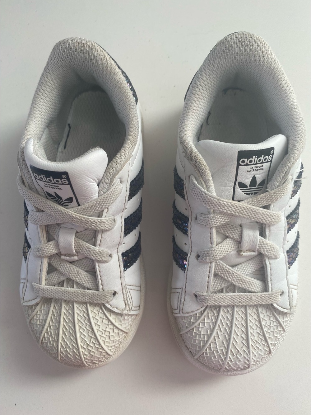 adidas Kids White Sneakers with Navy Glitter Stripes